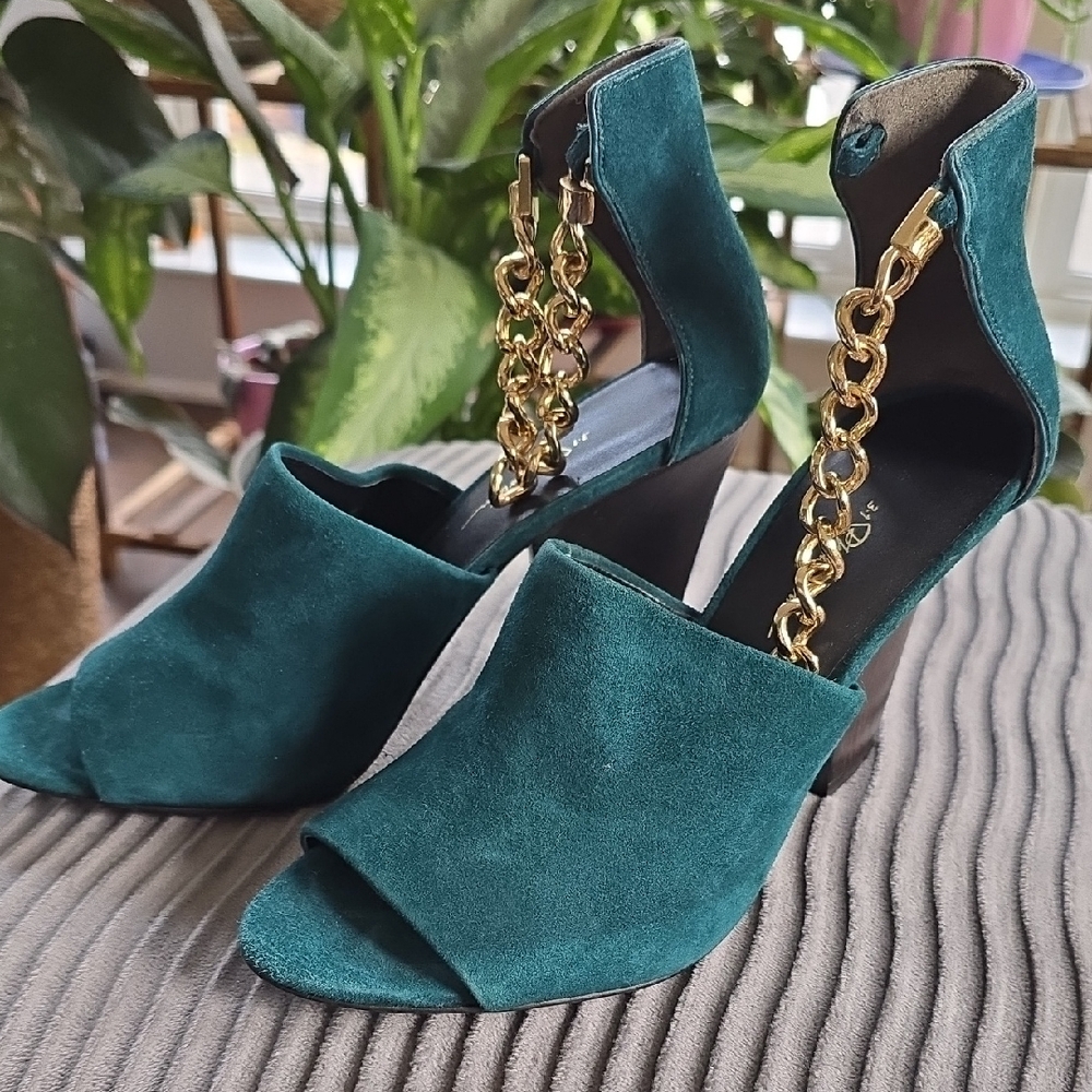 Elegant Teal Suede Heels with Gold Chain Phillip Lim